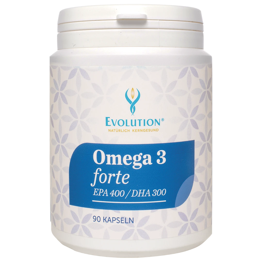 1052-omega-3-forte-kapseln-evolution Abbildung des Produkts "Omega 3 forte" von EVOLUTION International, das in der Ökodose und mit blauem Etikett zu 90 Stück abgefüllt wird. Das Produkt versorgt mit EPA 400/DHA 300
