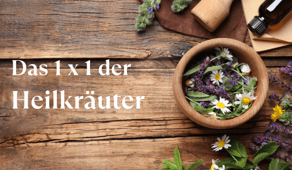 Auf einem hölzernen Hintergrund finden sich farbenfrohe Heilkräuter, die zu natürlichen Tinkturen verarbeitet werden - mit der Botschaft "Das 1x1 der Heilkräuter"
