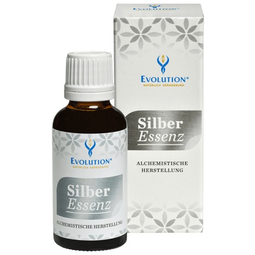 Abbildung des Produkts "Silber Essenz" von EVOLUTION International, das in einer kleinen, braunen Glasflasche mit weißem Verschluss abgefüllt wird
