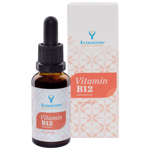 Abbildung des Produkts "Vitamin B12" von EVOLUTION International, das in einer kleinen, braunen Glasflasche in Tropfenform erhältlich ist.