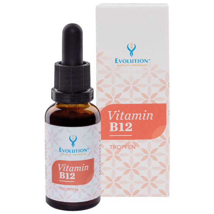 Abbildung des Produkts "Vitamin B12" von EVOLUTION International, das in einer kleinen, braunen Glasflasche in Tropfenform erhältlich ist.