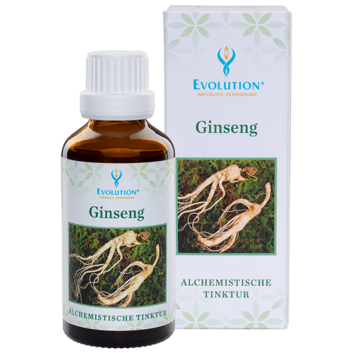 Abbildung des Produkts Ginseng Tinktur von EVOLUTION International und Auflistung der gesundheitlichen Vorteile bei Stress, für das Immunsystem und die Hirnleistung