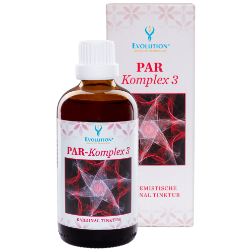 Abbildung des Produkts "PAR-Komplex 3 Kardinaltinktur" von EVOLUTION International, das in einer kleinen, braunen Glasflasche mit weißem Verschluss abgefüllt wird.