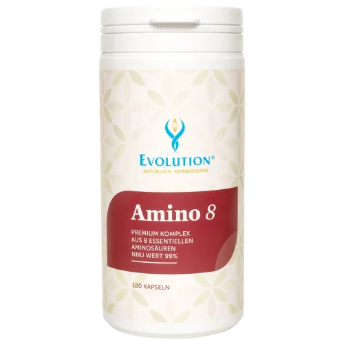 Abbildung des Produkts "Amino 8 Premium Komplex" mit 8 essenziellen Aminosäuren von EVOLUTION International, das in der Ökodose und mit rotem Etikett mit 180 Kapseln abgefüllt wird.