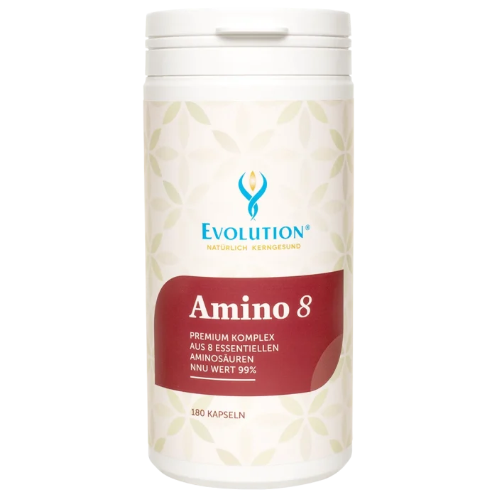 Abbildung des Produkts "Amino 8 Premium Komplex" mit 8 essenziellen Aminosäuren von EVOLUTION International, das in der Ökodose und mit rotem Etikett mit 180 Kapseln abgefüllt wird.