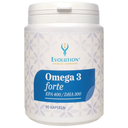 Abbildung des Produkts "Omega 3 forte" von EVOLUTION International, das in der Ökodose und mit blauem Etikett zu 90 Stück abgefüllt wird. Das Produkt versorgt mit EPA 400/DHA 300