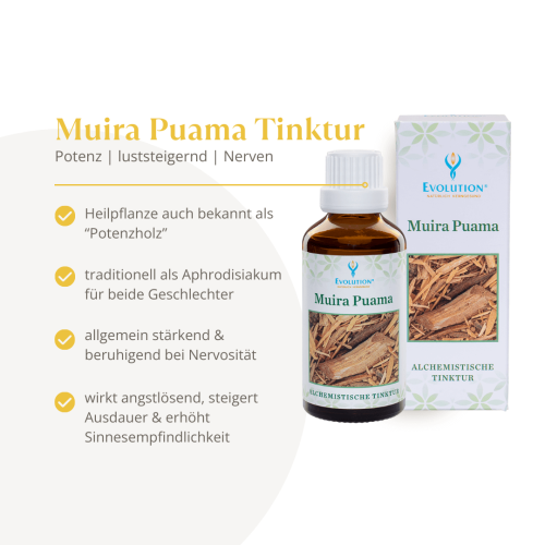 Abbildung des Produkts Muira Puama Tinktur von EVOLUTION International und Auflistung der gesundheitlichen Vorteile für den Mann, die Nerven und die Luststeigerung.