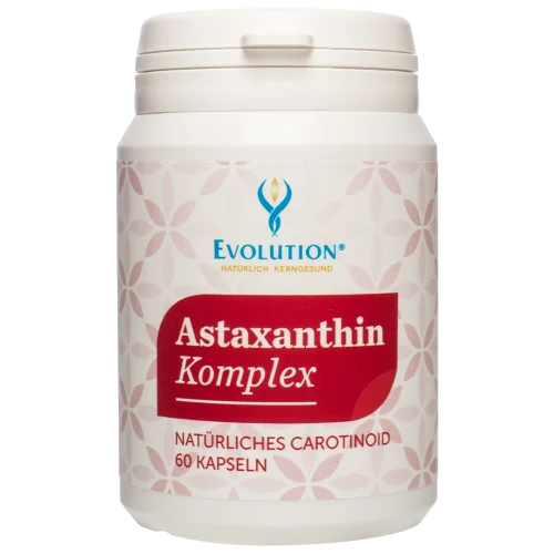 Abbildung des Produkts "Astaxanthin Komplex mit natürlichem Carotinoid" von EVOLUTION International, das in der weißen Ökodose und mit rotem Etikett mit 60 Kapseln abgefüllt wird.
