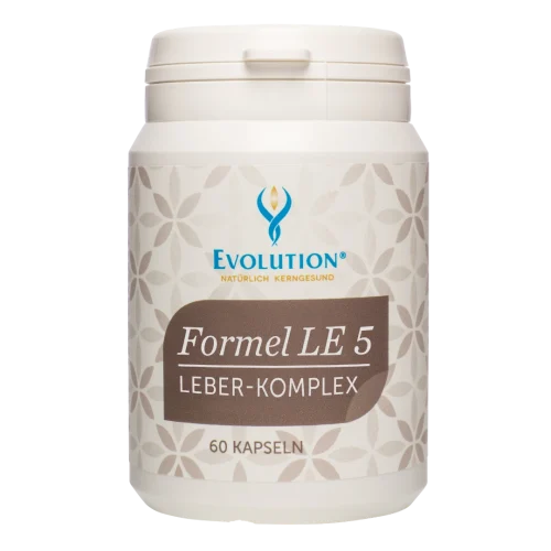 Abbildung des Produkts "Formel LE 5 Leber-Komplex" von EVOLUTION International, das in der weißen Ökodose und mit braunem Etikett mit 60 Kapseln abgefüllt wird.