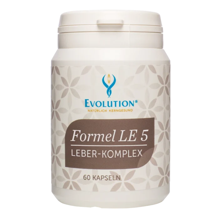 Abbildung des Produkts "Formel LE 5 Leber-Komplex" von EVOLUTION International, das in der weißen Ökodose und mit braunem Etikett mit 60 Kapseln abgefüllt wird.
