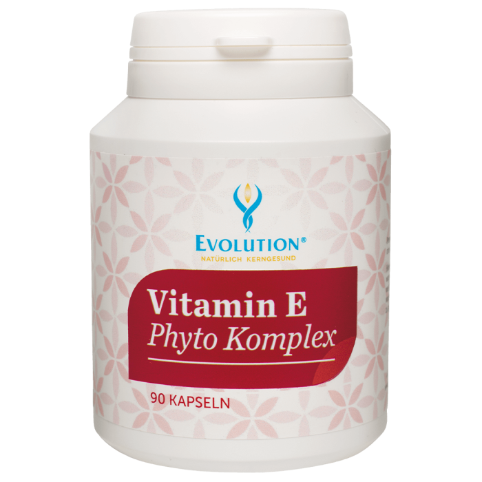 Abbildung des Produkts "Vitamin E Phyto Komplex" von EVOLUTION International, das in der weißen Ökodose und mit rotem Etikett mit 90 Kapseln abgefüllt wird.