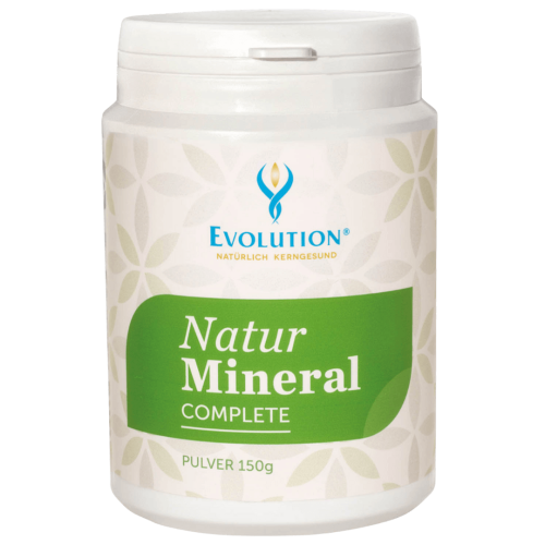 Abbildung des Produkts "Natur Mineral Complete" von EVOLUTION International, das in der Ökodose und mit grünem Etikett in Pulverform abgefüllt wird.