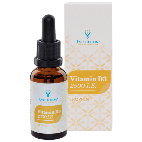 Abbildung des Produkts "Vitamin D3 2.500 Internationale Einheiten" von EVOLUTION International, das in einer kleinen, braunen Glasflasche in Tropfenform erhältlich ist.