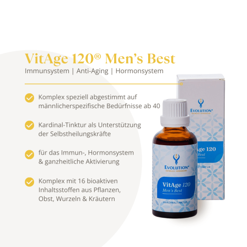 Abbildung des Produkts Vitage 120 Men's Best Kardinaltinktur von EVOLUTION International und Auflistung der gesundheitlichen Vorteile für Immunsystem, Anti Aging und Hormonsystem
