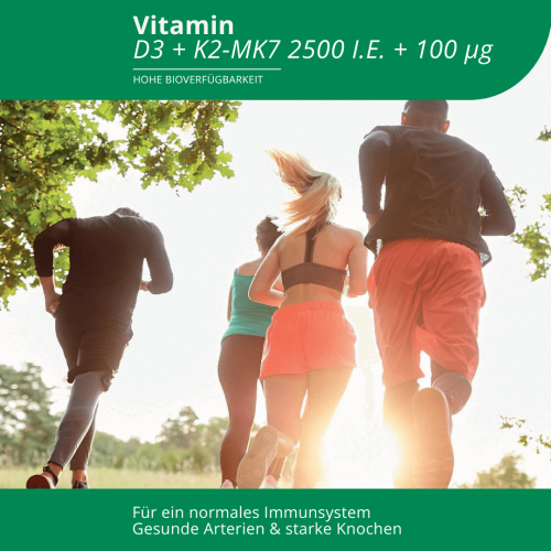 Bildhafte Darstellung eines Laufteams, das für ein gesundes Immunsystem, gesunde Arterien und starke Knochen steht - in Zusammenhang mit dem Produkt "Vitamin D3 + K2-MK7" von EVOLUTION International.