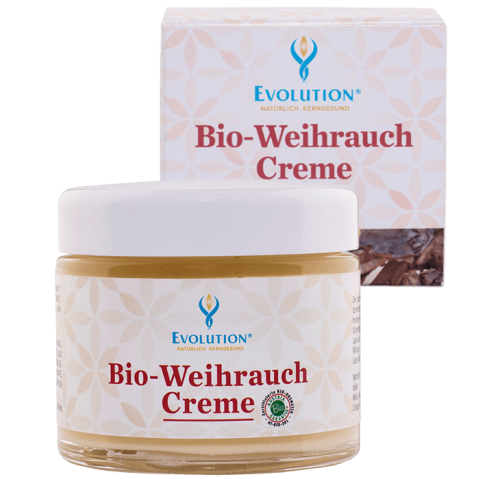 Abbildung des Produkts "Bio-Weihrauch Creme" von EVOLUTION International, die in einer Glas-Dose mit weißem Schraubverschluss abgefüllt wird.
