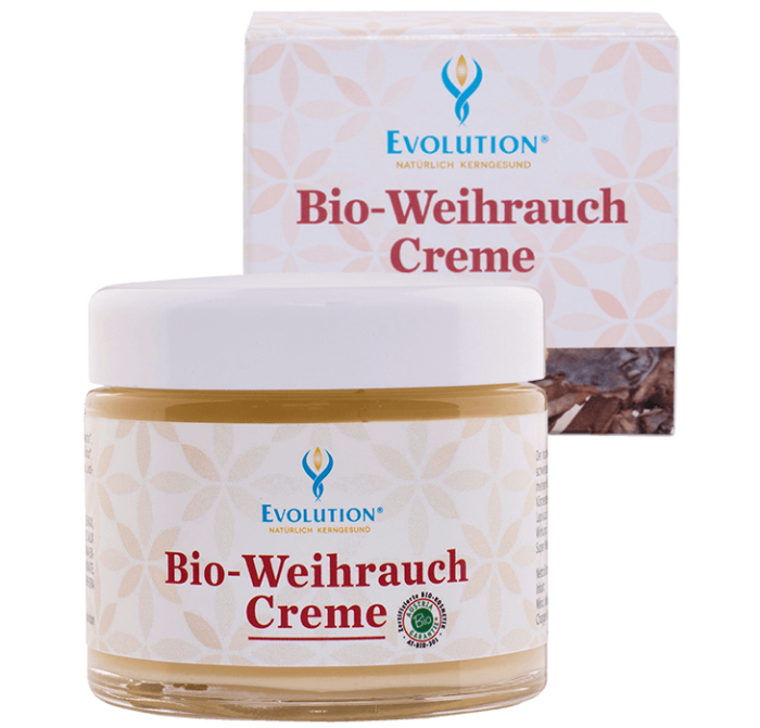 Abbildung des Produkts "Bio-Weihrauch Creme" von EVOLUTION International, die in einer Glas-Dose mit weißem Schraubverschluss abgefüllt wird.