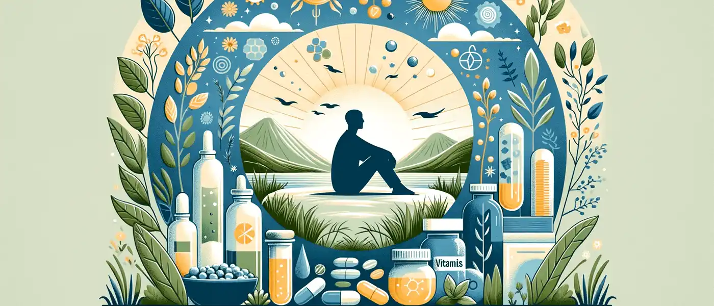 Grafische Darstellung einer Figur, die in einer schönen natürlichen Umgebung sitzt und Kraft tankt. Sie ist umgeben von Abbildungen von Supplementen, Tinkturfläschchen, Heilpflanzen und Kräutern - das zeigt wie die Natur den Menschen in der ganzheitlichen Gesundheit unterstützt.