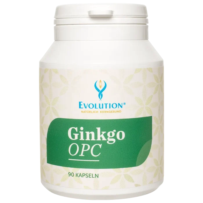 Abbildung des Produkts "Ginkgo OPC" von EVOLUTION International, das in der Ökodose und mit dunkelgrünem Etikett mit 90 Kapseln abgefüllt wird.
