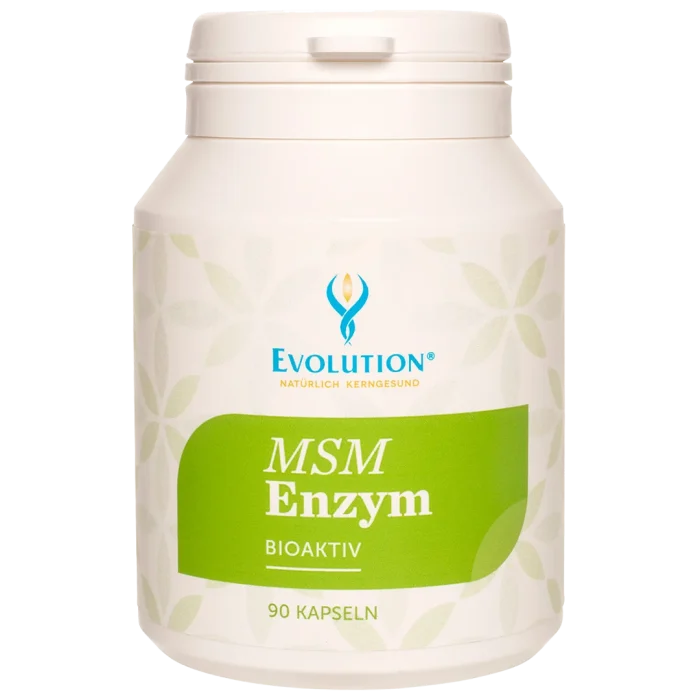Abbildung des Produkts "MSM Enzym bioaktiv" von EVOLUTION International, das in der weißen Ökodose und mit hellgrünem Etikett mit 90 Kapseln abgefüllt wird.