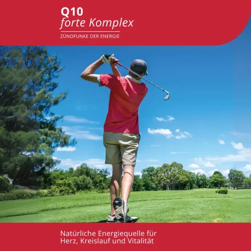Bildhafte Darstellung eines Golfspielers, der für Herzgesundheit, Vitalität und starken Kreislauf steht - in Zusammenhang mit dem Produkt "Q10 forte Komplex" von EVOLUTION International.