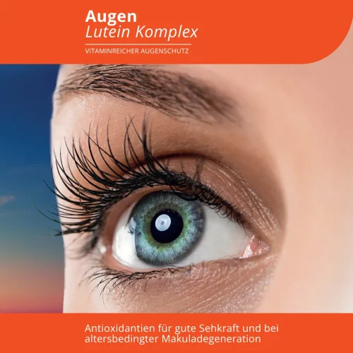 Bildhafte Darstellung des Auges einer Frau - in Zusammenhang mit dem Produkt "Augen Lutein Komplex" von EVOLUTION International - als Antioxidantien für gute Sehkraft und bei alterbedingter Makuladegeneration