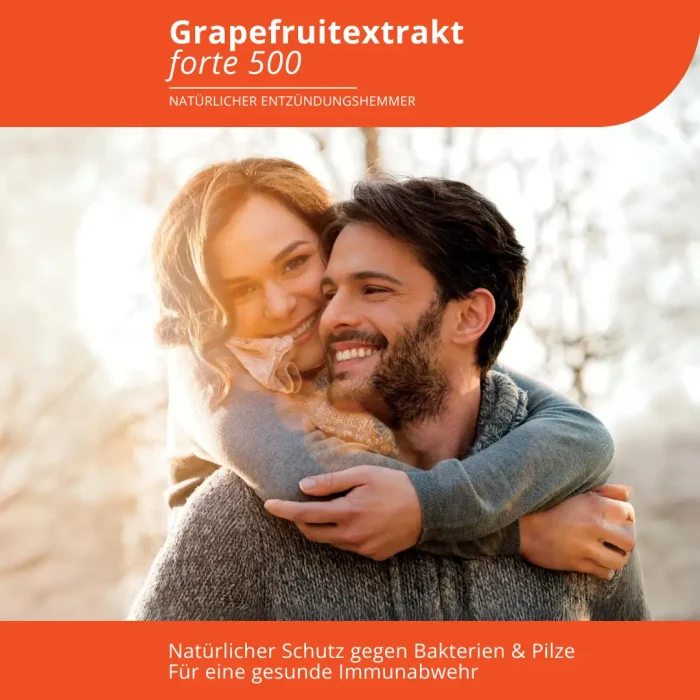 Bildhafte Darstellung eines glücklichen Paares, das in der kalten Jahreszeit im Freien ist. Sie stehen für ein gut geschütztes Immunsystem - in Zusammenhang mit dem Produkt Grapefruitkernextrakt forte 500 von EVOLUTION International