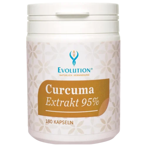 Abbildung des Produkts "Curcuma Extrakt 95{3f11ba5684184459379bdff722d2b04864b061627581f4dc4d3a3ae63926f156}" von EVOLUTION International, das in der weißen Ökodose und mit braunem Etikett mit 180 Kapseln abgefüllt wird.