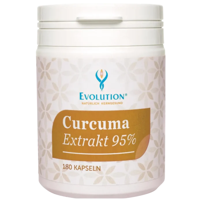 Abbildung des Produkts "Curcuma Extrakt 95{3f11ba5684184459379bdff722d2b04864b061627581f4dc4d3a3ae63926f156}" von EVOLUTION International, das in der weißen Ökodose und mit braunem Etikett mit 180 Kapseln abgefüllt wird.