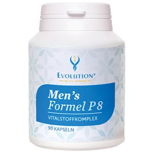 Abbildung des Produkts "Men's Formel P8 Vitalstoffkomplex" von EVOLUTION International, das in der weißen Ökodose und mit blauem Etikett mit 90 Kapseln abgefüllt wird.