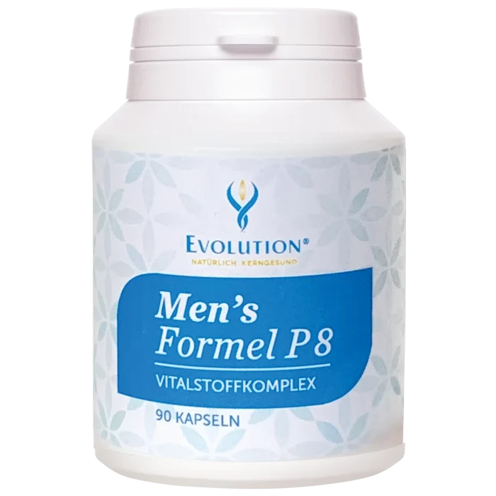 Abbildung des Produkts "Men's Formel P8 Vitalstoffkomplex" von EVOLUTION International, das in der weißen Ökodose und mit blauem Etikett mit 90 Kapseln abgefüllt wird.