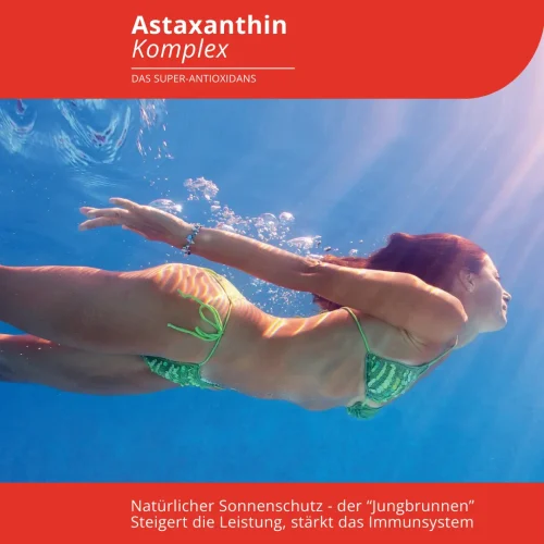 Bildhafte Darstellung Frau unter Wasser. Sie steht für optimal geschützte Haut auch im Sommer - in Zusammenhang mit dem Produkt "Astaxanthin Komplex" von EVOLUTION International als Super-Antioxidans