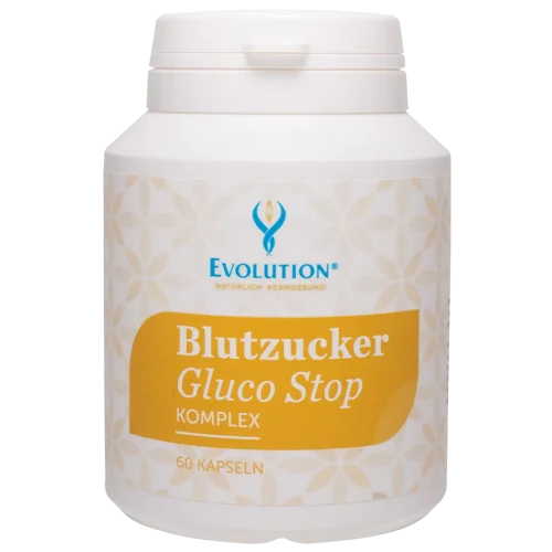 Abbildung des Produkts "Blutzucker Gluco Stop Komplex" von EVOLUTION International, das in der Ökodose und mit gelben Etikett abgefüllt wird