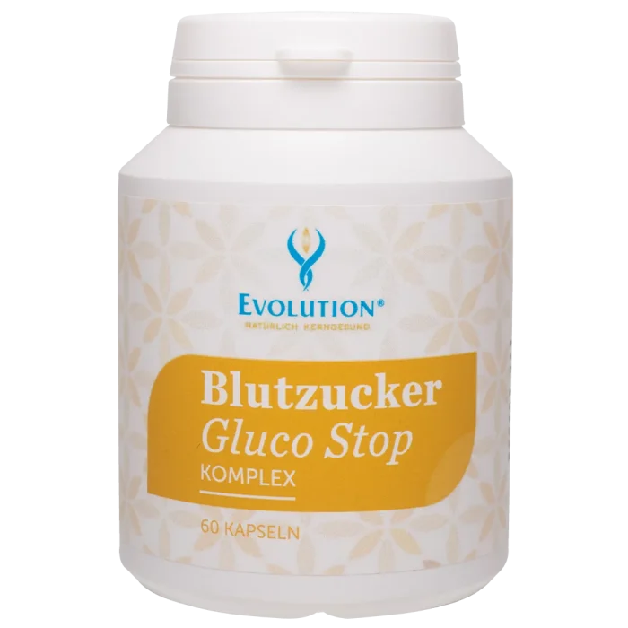 Abbildung des Produkts "Blutzucker Gluco Stop Komplex" von EVOLUTION International, das in der Ökodose und mit gelben Etikett abgefüllt wird