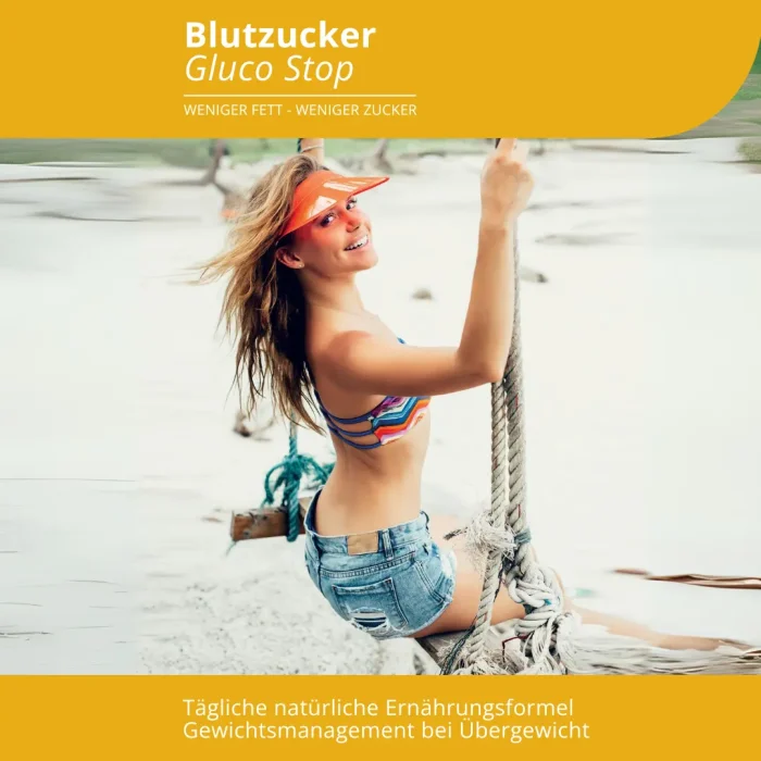 Grafische Darstellung mit einer jungen, schlanken Frau für das Produkt "Blutzucker Gluco Stop" von EVOLUTION International für die tägliche, natürliche Ernährungsformel und Gewichtsmanagement bei Übergewicht