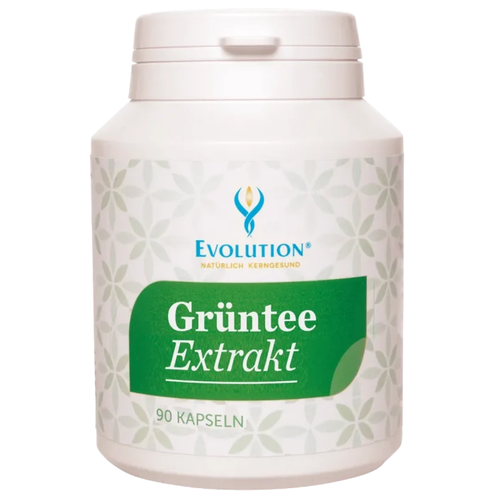 Abbildung des Produkts "GRÜNTEE Extrakt" von EVOLUTION International, das in der Ökodose und mit grünem Etikett mit 90 Kapseln abgefüllt wird.