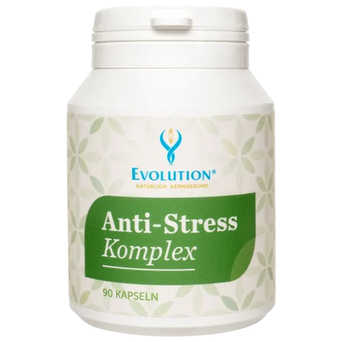 Abbildung des Produkts "Anti-Stress Komplex" von EVOLUTION International, das in der weißen Ökodose und mit grünem Etikett mit 90 Kapseln abgefüllt wird.