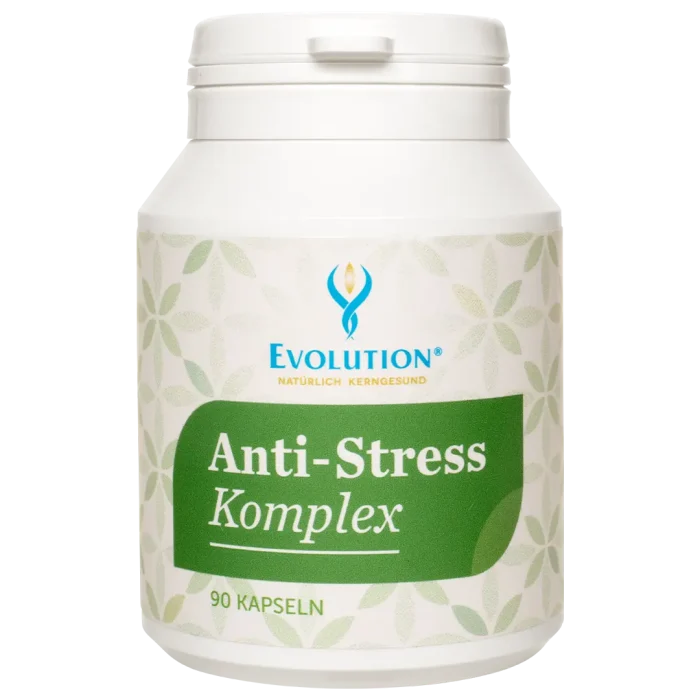 Abbildung des Produkts "Anti-Stress Komplex" von EVOLUTION International, das in der weißen Ökodose und mit grünem Etikett mit 90 Kapseln abgefüllt wird.