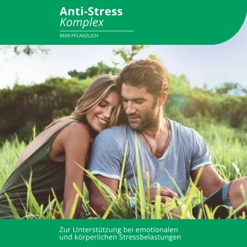 Grafische Darstellung zum Thema "Anti Stress" mit einem jungen Paar, das die Zeit im Grünen verbringt - in Zusammenhang mit dem Produkt "Anti-Stress Komplex" von EVOLUTION International zur Unterstützung bei emotionalen und körperlichen