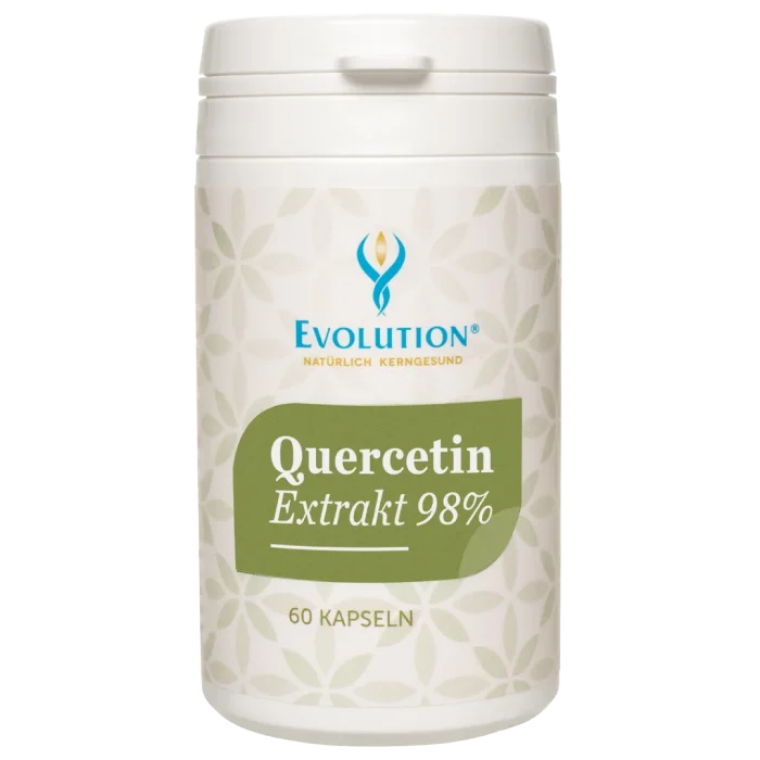 Abbildung des Produkts "Quercetin Extrakt 98 {28b7aec6ed6a03661cb719db26f75cac1a364207f3828813f4cc4efc03059173}" von EVOLUTION International, das in der Ökodose und mit olivgrünem Etikett mit 60 Kapseln abgefüllt wird.