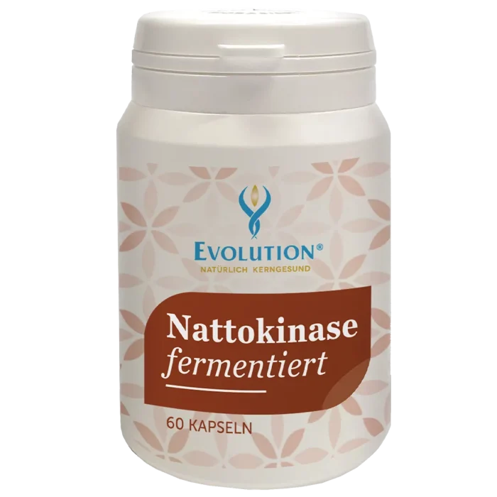 Abbildung des Produkts "Nattokinase fermentiert" von EVOLUTION International, das in der weißen Ökodose und mit rotbraunem Etikett mit 60 Kapseln abgefüllt wird.