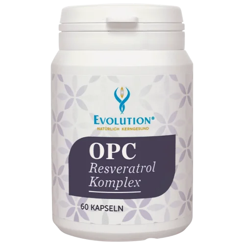 Abbildung des Produkts "OPC Resveratrol Komplex" von EVOLUTION International, das in der Ökodose und mit dunkelblauem Etikett mit 60 Kapseln abgefüllt wird.