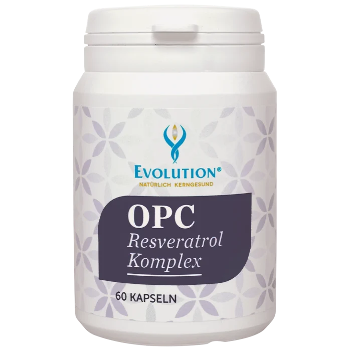 Abbildung des Produkts "OPC Resveratrol Komplex" von EVOLUTION International, das in der Ökodose und mit dunkelblauem Etikett mit 60 Kapseln abgefüllt wird.