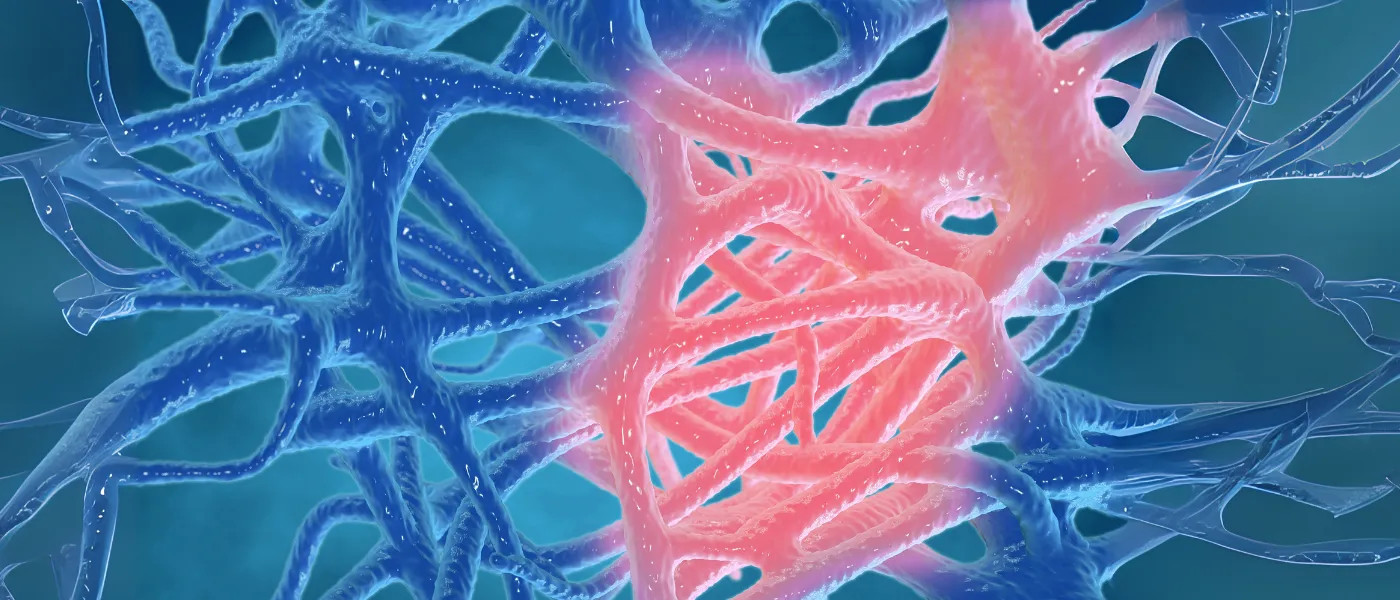 Abstrakte Darstellung von neuronalen Verbindungen, blau und rot.