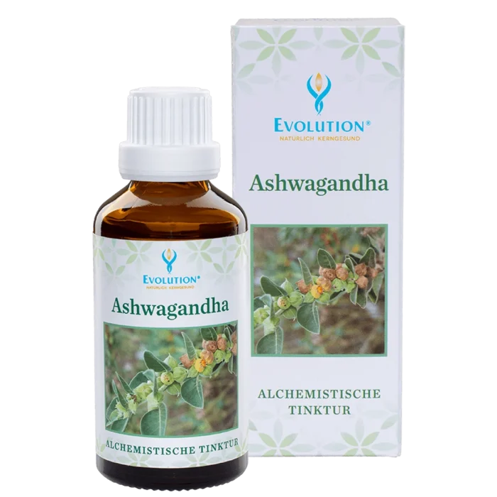 Abbildung des Produkts "Ashwagandha Tinktur" von EVOLUTION International, das in einer kleinen, braunen Glasflasche mit weißem Verschluss abgefüllt wird.