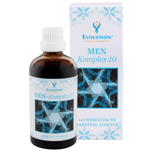 Abbildung des Produkts "Kardinaltinktur MEN-Komplex 10" von EVOLUTION International, das in einer kleinen, braunen Glasflasche mit weißem Verschluss abgefüllt wird.