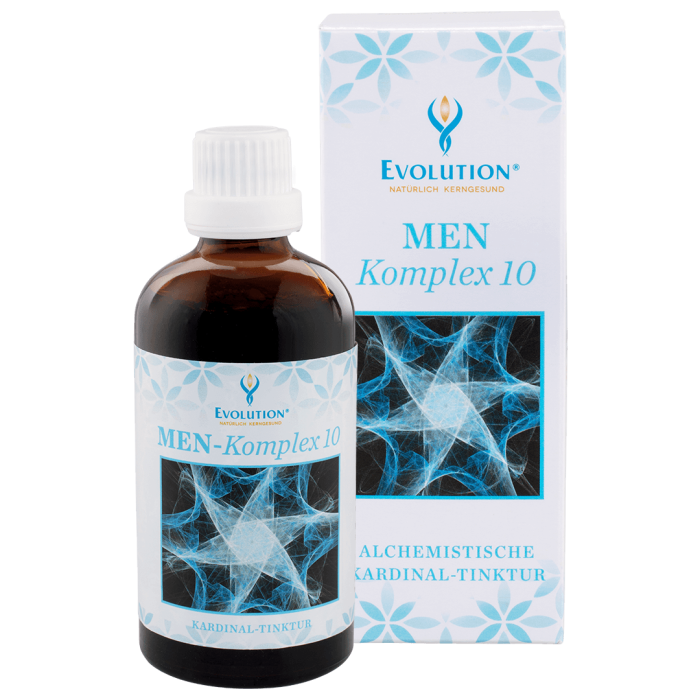 Abbildung des Produkts "Kardinaltinktur MEN-Komplex 10" von EVOLUTION International, das in einer kleinen, braunen Glasflasche mit weißem Verschluss abgefüllt wird.