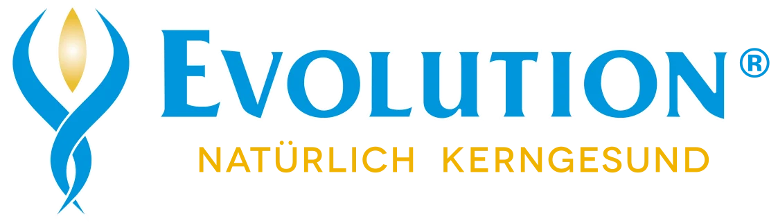 Abbildung in Blau-Gelb des Logos des österreichischen Unternehmens Evolution International mit dem Claim "Natürlich kerngesund"