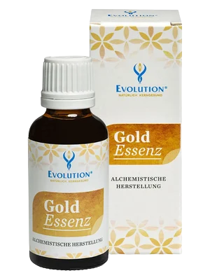 Abbildung des Produkts "Gold Essenz" von EVOLUTION International, das in einer kleinen, braunen Glasflasche mit weißem Verschluss abgefüllt wird