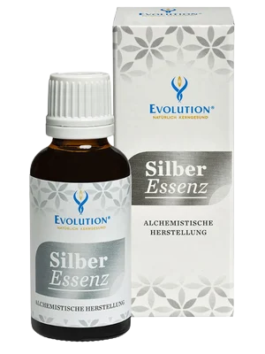 Abbildung des Produkts "Silber Essenz" von EVOLUTION International, das in einer kleinen, braunen Glasflasche mit weißem Verschluss abgefüllt wird